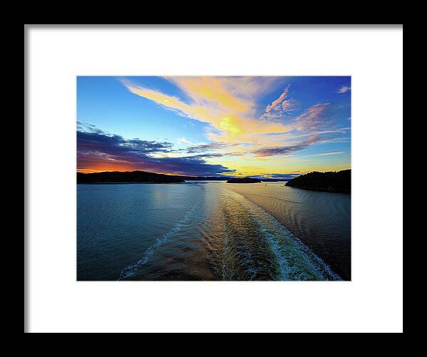  Norway Framed Print featuring the photograph The Fjords of Kristansand, Norway at sunset by Allan Levin