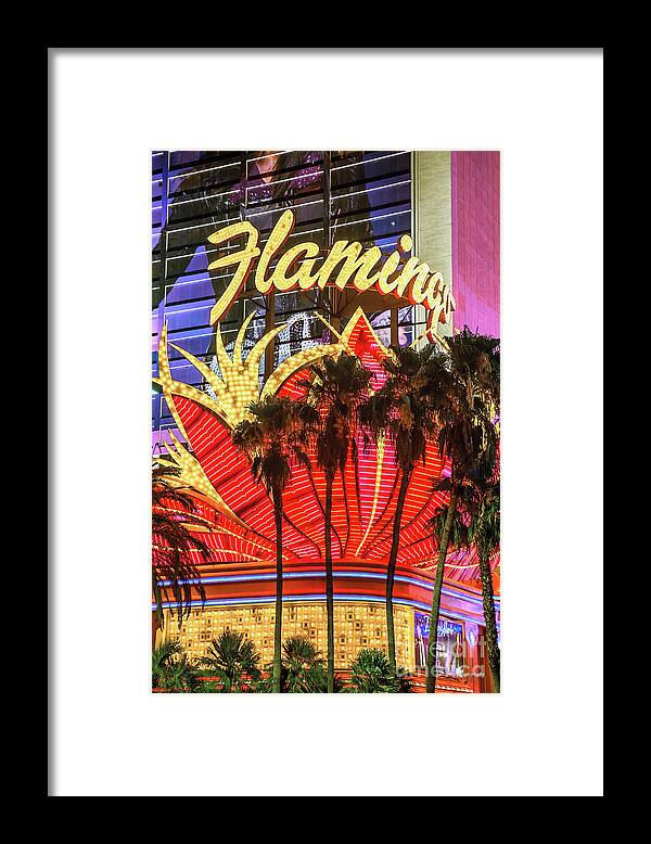 The Flamingo Neon Sign Framed Print featuring the photograph The Flamingo Neon Sign and Palm Trees by Aloha Art