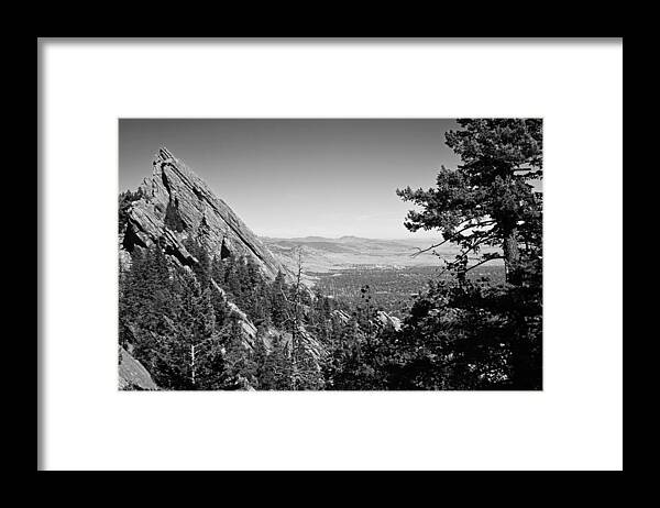 Boulder Framed Print featuring the photograph The Flatirons Boulder Colorado from the Royal Arch Black and White by Toby McGuire