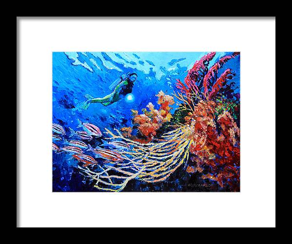 Scuba Diver Framed Print featuring the painting The Flow of Creation by John Lautermilch