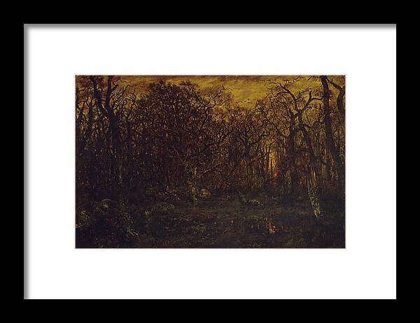 The Forest In Winter At Sunset Framed Print featuring the painting The Forest in Winter at Sunset by Rousseau