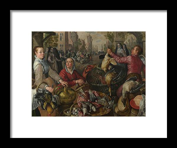 16th Century Art Framed Print featuring the painting The Four Elements - Air. A Poultry Market with the Prodigal Son in the Background by Joachim Beuckelaer