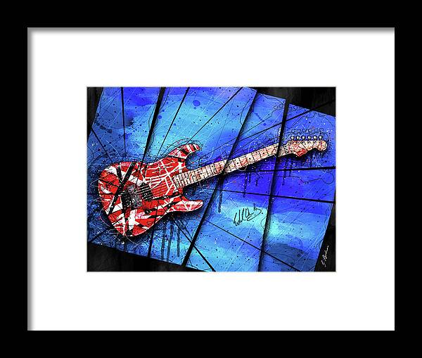 Eddie Van Halen Framed Print featuring the digital art The Frankenstrat On Blue I by Gary Bodnar