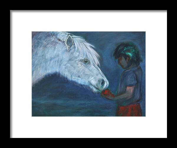 Katt Yanda Original Art Horse Oil Painting Canvas Boy Giving Apple To White Pony Gift Eat Share Framed Print featuring the painting The Gift by Katt Yanda