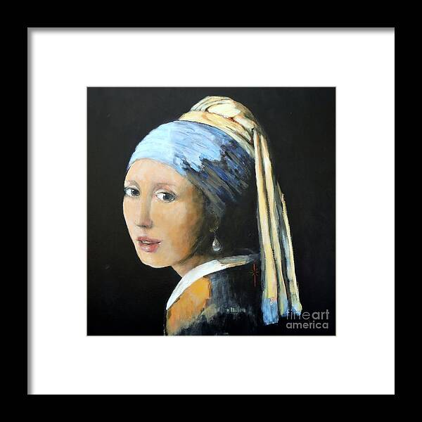 Reproduction Framed Print featuring the painting after Johannes Vermeer-the girl with the pearl earring by Jodie Marie Anne Richardson Traugott     aka jm-ART