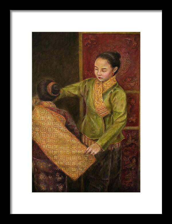 Lao Textile Framed Print featuring the painting The Gold Brocade by Sompaseuth Chounlamany