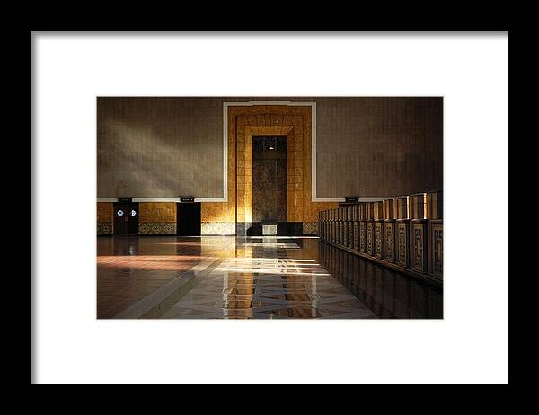 Darin Volpe Architecture Framed Print featuring the photograph The Golden Age of Travel -- Union Station in Los Angeles, California by Darin Volpe