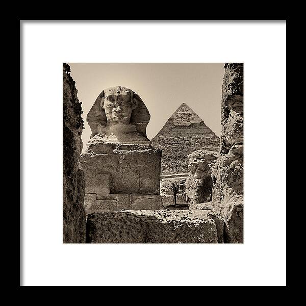 Great Sphinx Framed Print featuring the photograph The Great Sphinx and Pyramid of Khafre by Nigel Fletcher-Jones