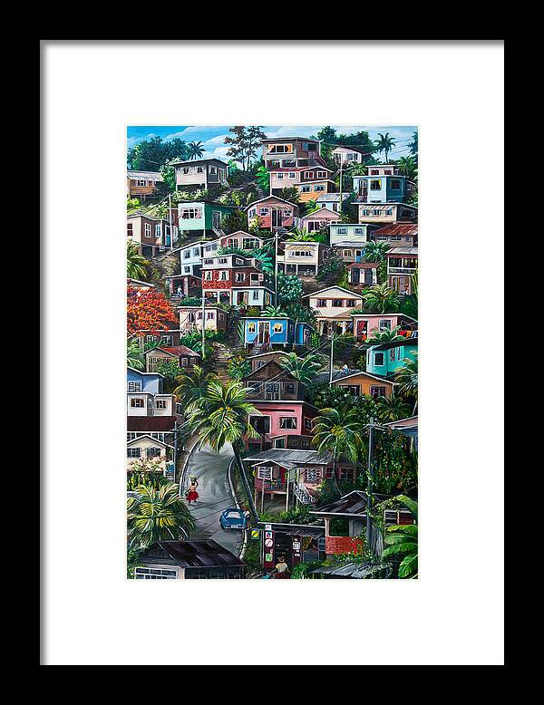  Landscape Painting Cityscape Painting Houses Painting Hill Painting Lavantille Port Of Spain Painting Trinidad And Tobago Painting Caribbean Painting Tropical Painting Caribbean Painting Original Painting Greeting Card Painting Framed Print featuring the painting THE HILL   Trinidad by Karin Dawn Kelshall- Best