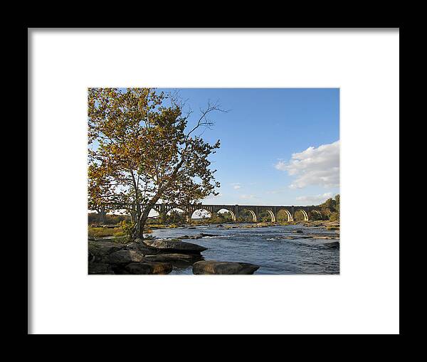 Stillness Virginia Waterways Bridge James River Water Richmond Framed Print featuring the photograph The James by Digital Art Cafe