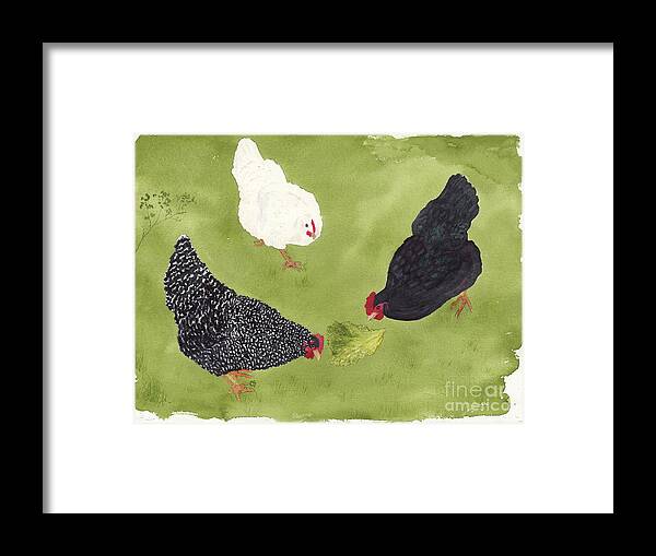 Three Hens Framed Print featuring the painting The Ladies Love Salad Three Hens With Lettuce by Conni Schaftenaar