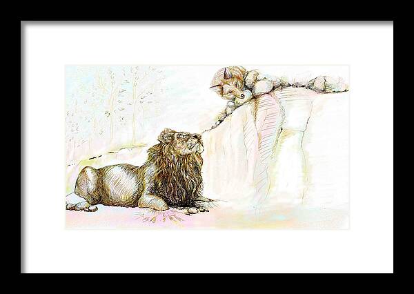 Lion Framed Print featuring the painting The Lion and The Fox 1 - The First Meeting by Sukalya Chearanantana