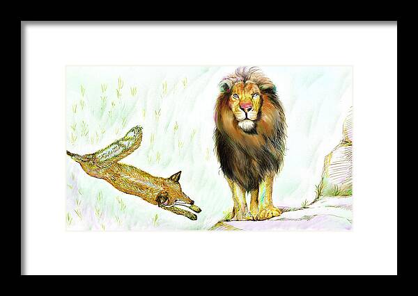 Lion Framed Print featuring the painting The Lion and The Fox 2 - The True FriendShip by Sukalya Chearanantana