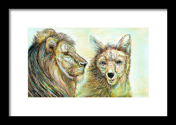 Lion Framed Print featuring the painting The Lion and The Fox 3 - To Face How Real of Faith by Sukalya Chearanantana