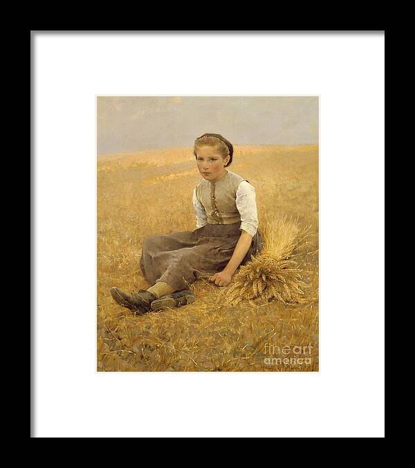 La Petite Glaneuse; Corn; Pensive; Sheaf; Field; Young Girl; The Little Gleaner Framed Print featuring the painting The Little Gleaner, 1884 by Hugo Salmson