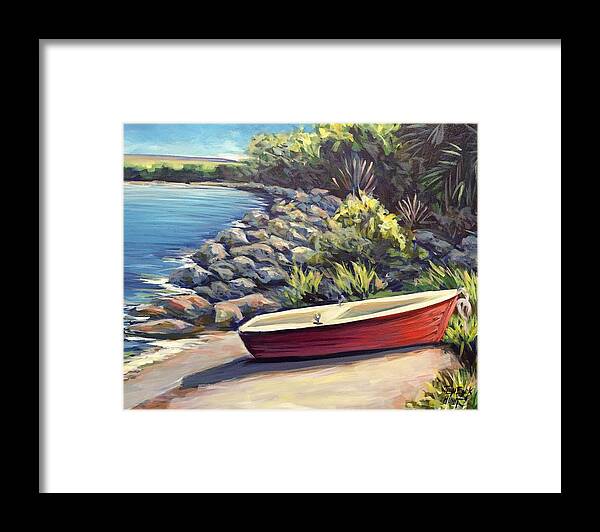 Red Framed Print featuring the painting The Little Red Boat by Gretchen Ten Eyck Hunt