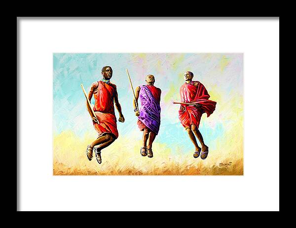 Africa Framed Print featuring the painting The Maasai Jump by Anthony Mwangi