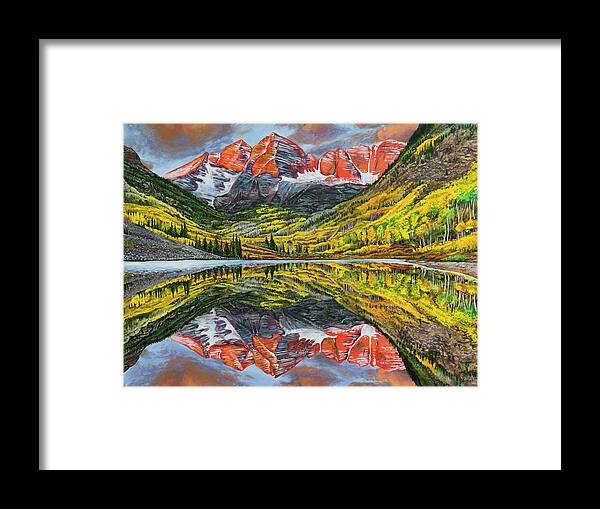 Colorado Framed Print featuring the painting The Maroon Bells by Aaron Spong