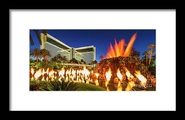 The Mirage Framed Print featuring the photograph The Mirage Casino and Volcano Eruption at Dusk by Aloha Art