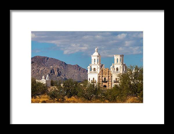 Architecture Framed Print featuring the photograph The Mission and the Mountains by Ed Gleichman