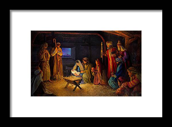 Jesus Framed Print featuring the painting The Nativity by Greg Olsen