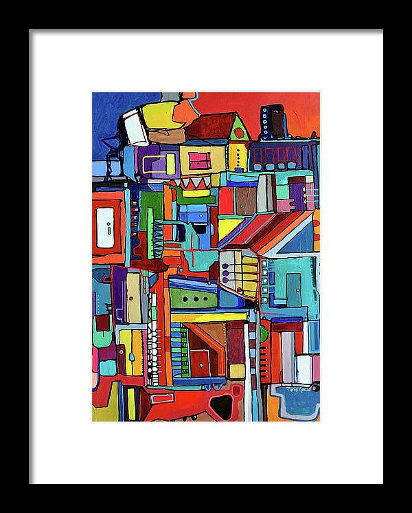 Doors And Windows With Colorful Neighborhood Framed Print featuring the painting The neighborhood by Plata Garza