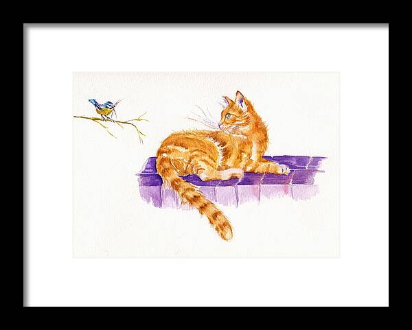 Blue Tit Framed Print featuring the painting Ginger Cat - The New Neighbour by Debra Hall