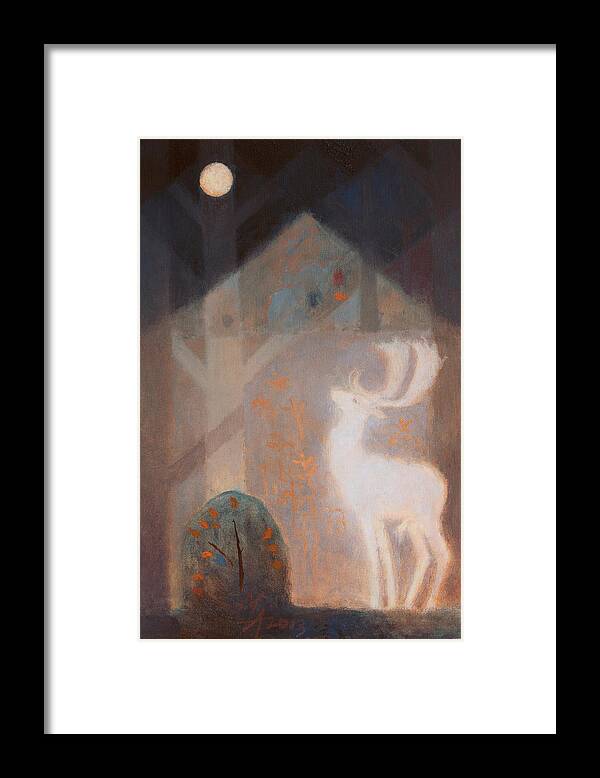 Deer Framed Print featuring the painting The Night of the White Fallow Deer by Attila Meszlenyi