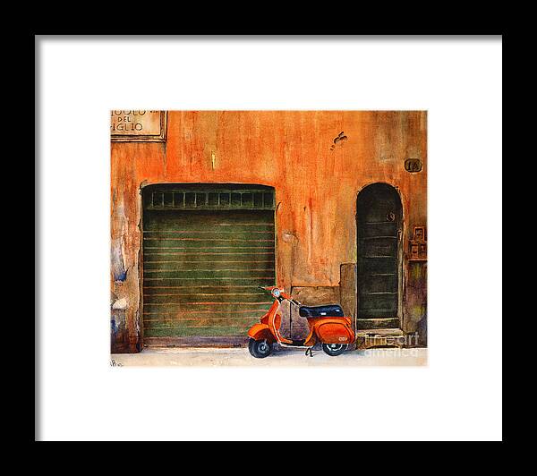 Vespa Framed Print featuring the painting The Orange Vespa by Karen Fleschler