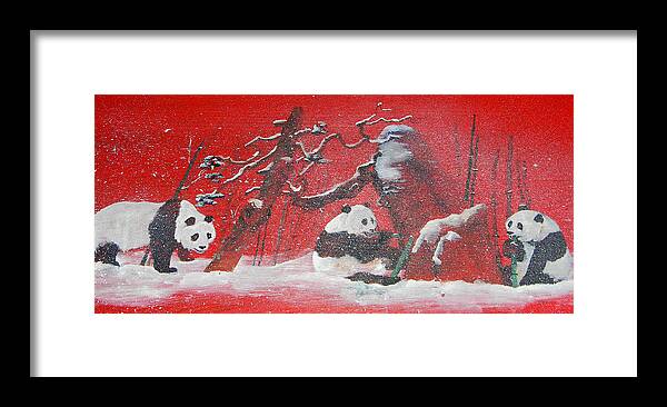 Pana. Winter Framed Print featuring the painting The Pandas Come On Red by Debbi Saccomanno Chan