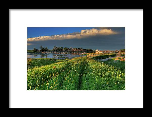 Abandoned Homestead Farm Path Grass Nd North Dakota Lake Horizontal Scenic Rural House Framed Print featuring the photograph The Path Home - Abandoned Stensby farmstead in rural North Dakota with rising Devils Lake surroundin by Peter Herman