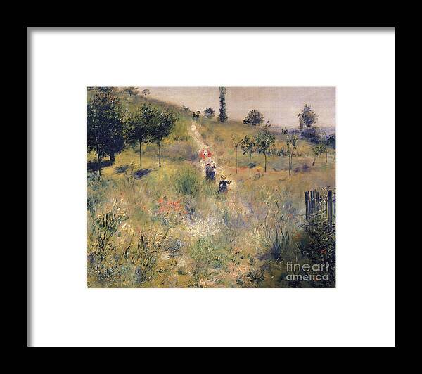 The Framed Print featuring the painting The Path through the Long Grass by Pierre Auguste Renoir