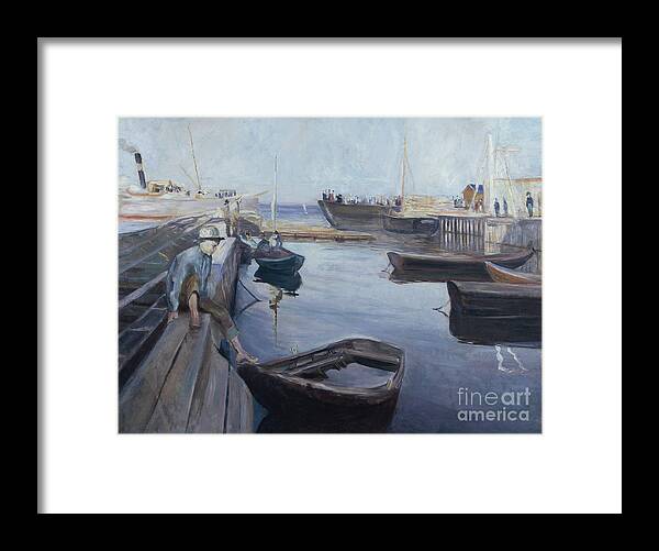Edvard Munch Framed Print featuring the painting The post boats arrival by Edvard Munch