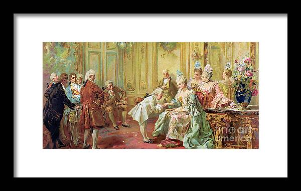 The Presentation Of The Young Mozart To Mme De Pompadour At Versailles In 1763 Framed Print featuring the painting The presentation of the young Mozart to Mme de Pompadour at Versailles by Vicente de Parades