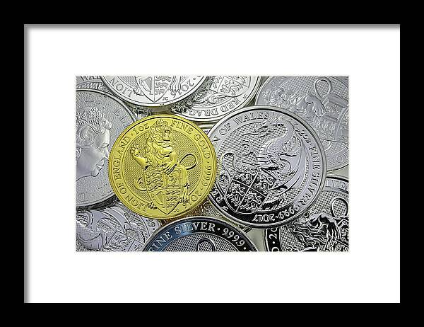 The Queens Beast Gold And Silver Coins Framed Print featuring the photograph The Queens Beast Gold and Silver Coins by JC Findley