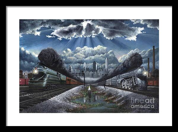 Trains Framed Print featuring the painting The Race by David Mittner