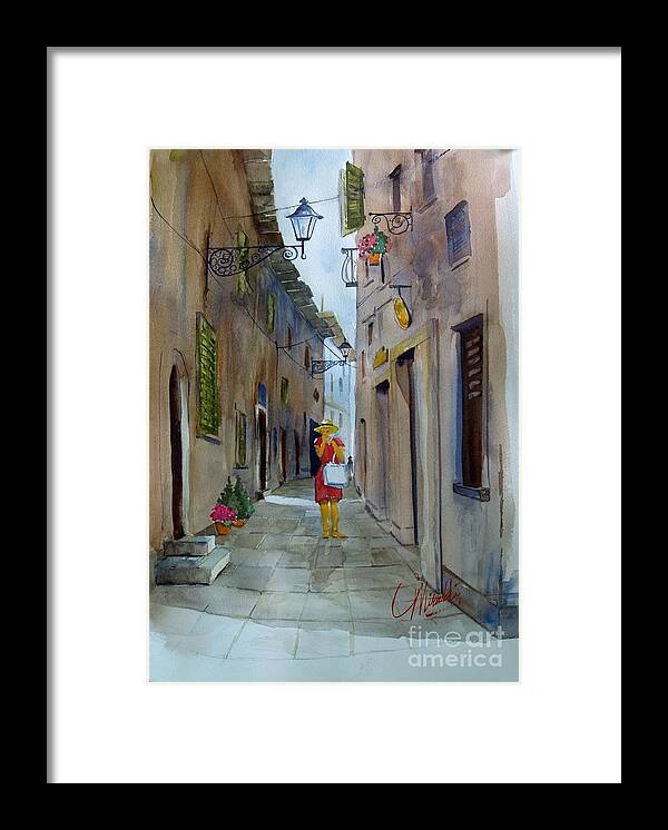Italian Streets Framed Print featuring the painting The Red Dress by Gerald Miraldi