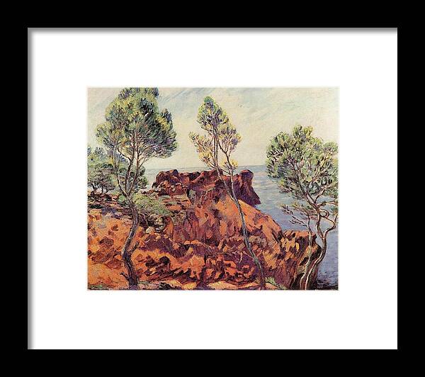 Agay - The Red Rocks Framed Print featuring the painting the Red Rocks by Armand Guillaumin