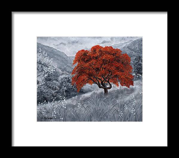 Grayscale Framed Print featuring the painting The Red Tree by Stephen Krieger