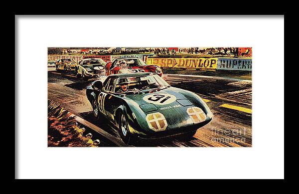 Race Framed Print featuring the painting The revolutionary Rover BRM at the famous Le Mans racing track in 1963 by Wilf Hardy