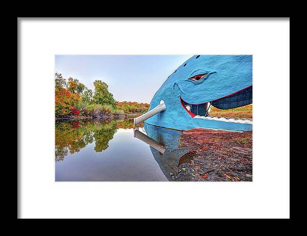 Blue Whale Framed Print featuring the photograph The Route 66 Blue Whale in Fall - Catoosa Oklahoma by Gregory Ballos