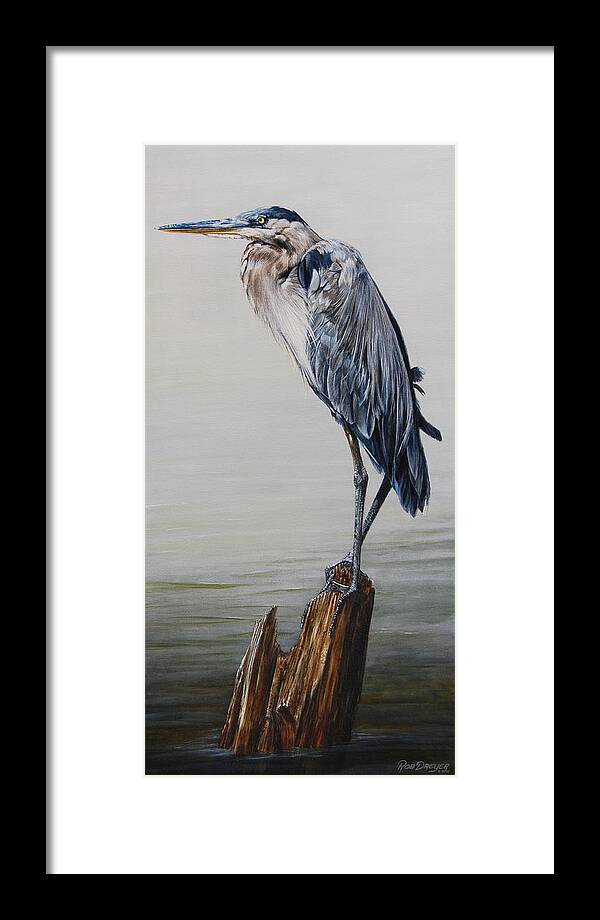 Great Blue Heron Framed Print featuring the painting The Sentinel - Portrait of a Great Blue Heron by Dreyer Wildlife Print Collections 