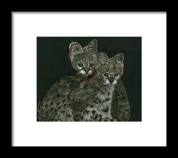 Serval Framed Print featuring the mixed media The Serval Twins by Jessica Kale