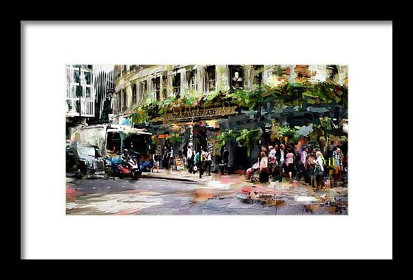#city#street#london#travel#art#digital#colours#people#light#buildings#cars#photo Art#photo Painting #advanced Art# London Street Framed Print featuring the mixed media The Shakespeare...London by Aleksandrs Drozdovs