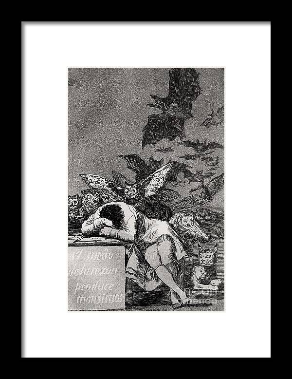 Goya Framed Print featuring the drawing The Sleep of Reason Produces Monsters by Goya