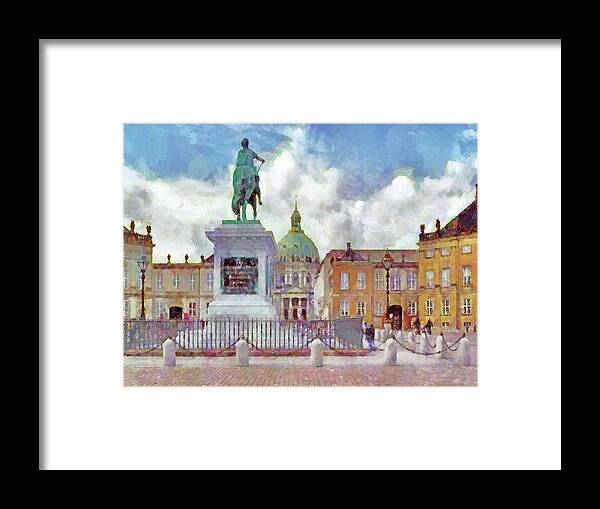 Copenhagen Framed Print featuring the digital art The square at Copenhagen's Amalienborg Palace by Digital Photographic Arts