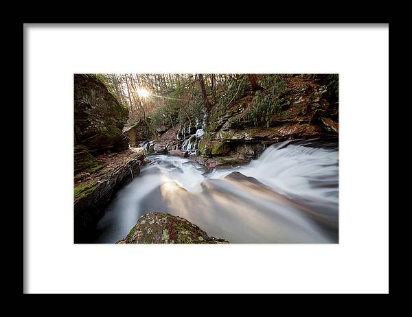Color Framed Print featuring the photograph The Sun Sets on Van Campens Glen by Dawn J Benko