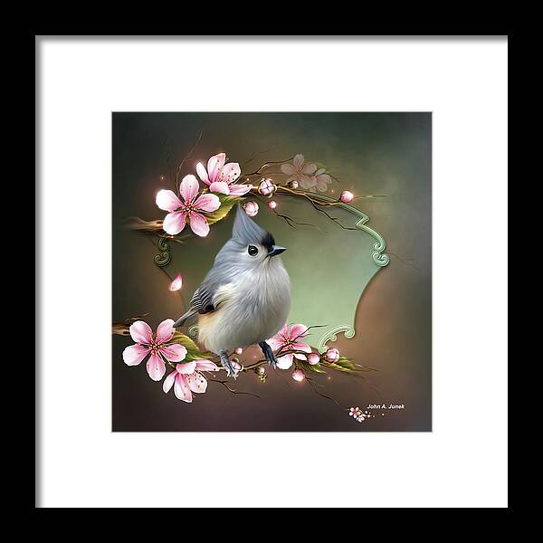 The Titmouse Framed Print featuring the digital art The Tufted Titmouse a charming bird by John Junek