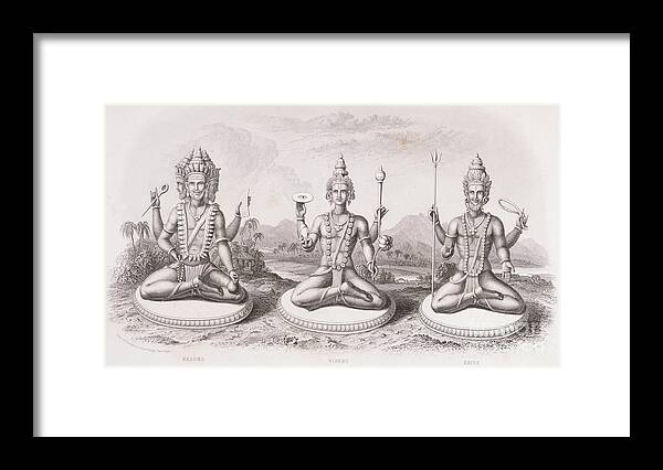 The Trimurti Or Hindu Trinity Framed Print featuring the drawing The Trimurti or Hindu Trinity by English School
