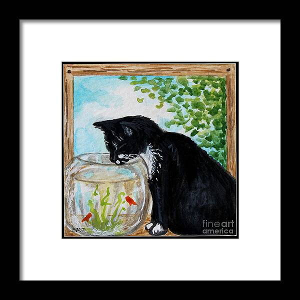 Cats Framed Print featuring the painting The Tuxedo Cat and The Fish bowl by Elizabeth Robinette Tyndall